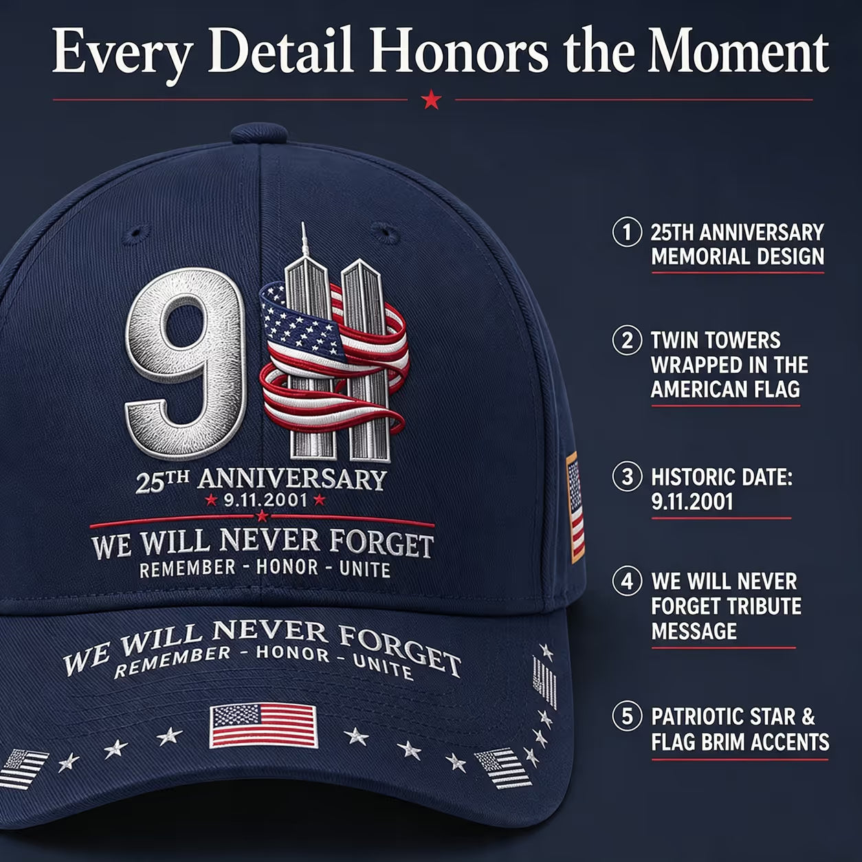 9/11 25th Anniversary We Will Never Forget Embroidered Memorial Baseball Cap – Unisex Patriotic Memorial Hat🧢 100% Cotton