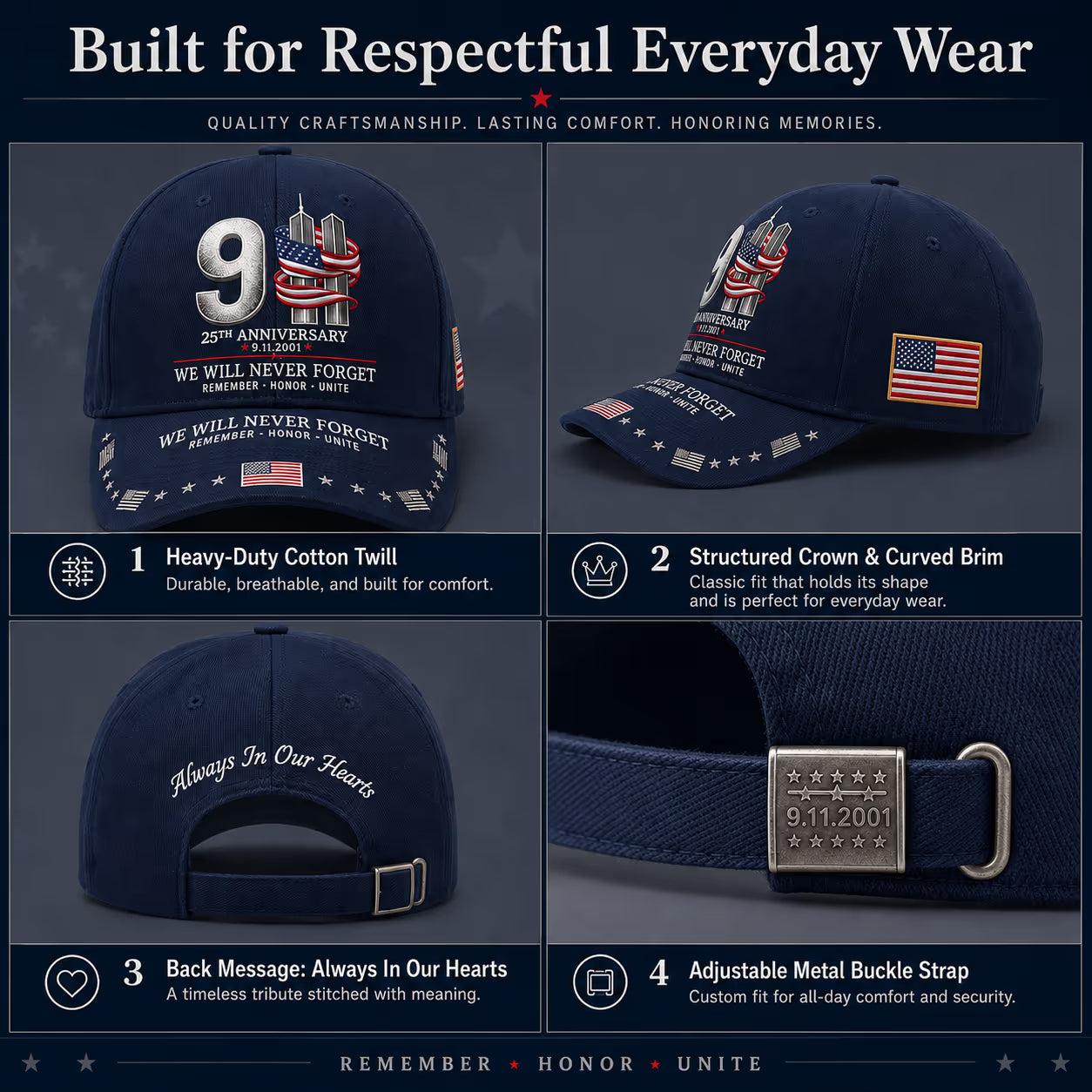 9/11 25th Anniversary We Will Never Forget Embroidered Memorial Baseball Cap – Unisex Patriotic Memorial Hat🧢 100% Cotton