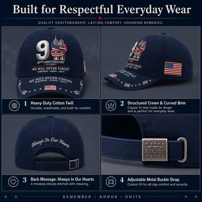 9/11 25th Anniversary We Will Never Forget Embroidered Memorial Baseball Cap – Unisex Patriotic Memorial Hat🧢 100% Cotton