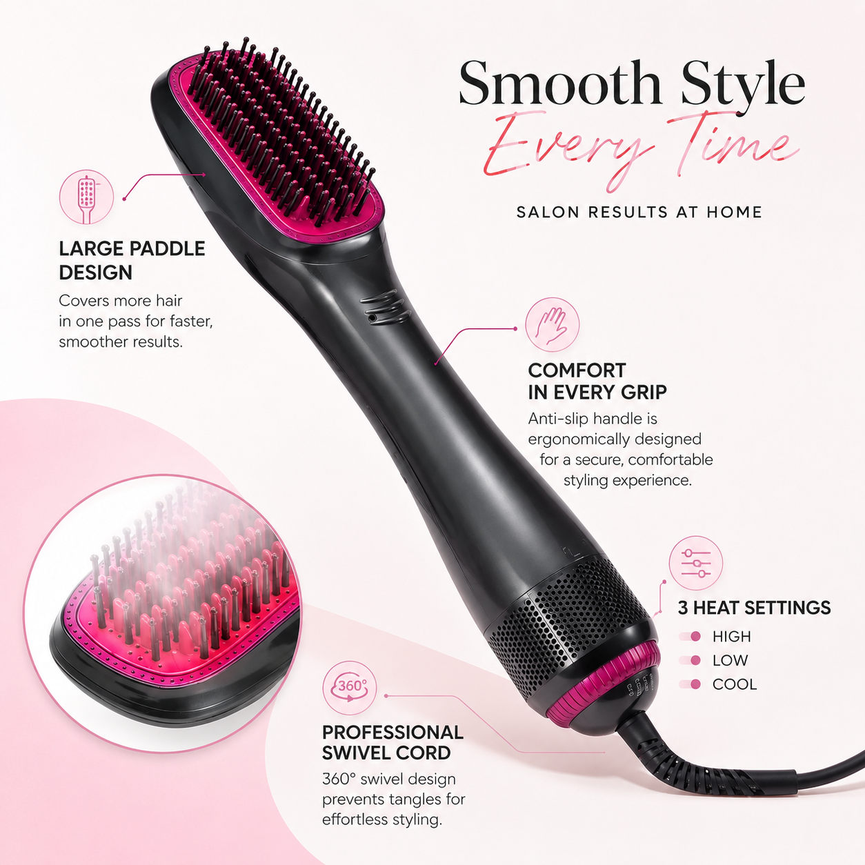One-Step Hair Dryer and Styling Brush for Smooth Straight Hair