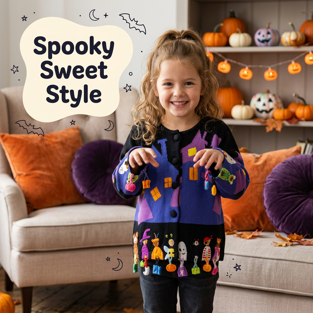 🎃 HALLOWEEN HOLIDAY FLASH SALE | Kids Spooky Haunted House Knit Cardigan