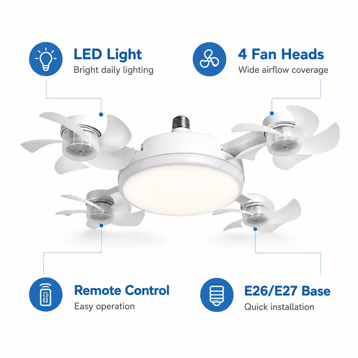 Screw-In 4-Head Socket Fan Light with Remote