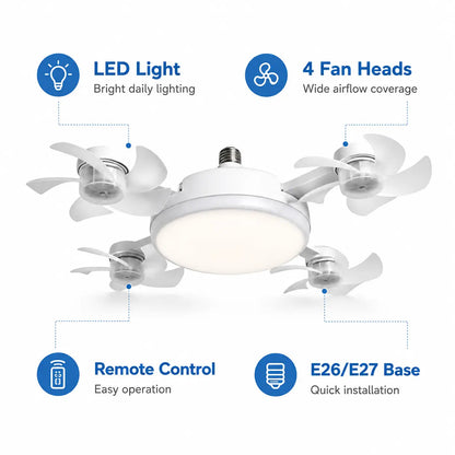 Screw-In 4-Head Socket Fan Light with Remote