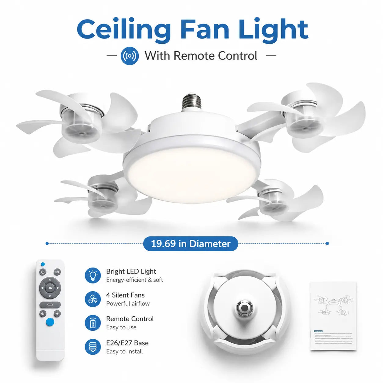 Screw-In 4-Head Socket Fan Light with Remote