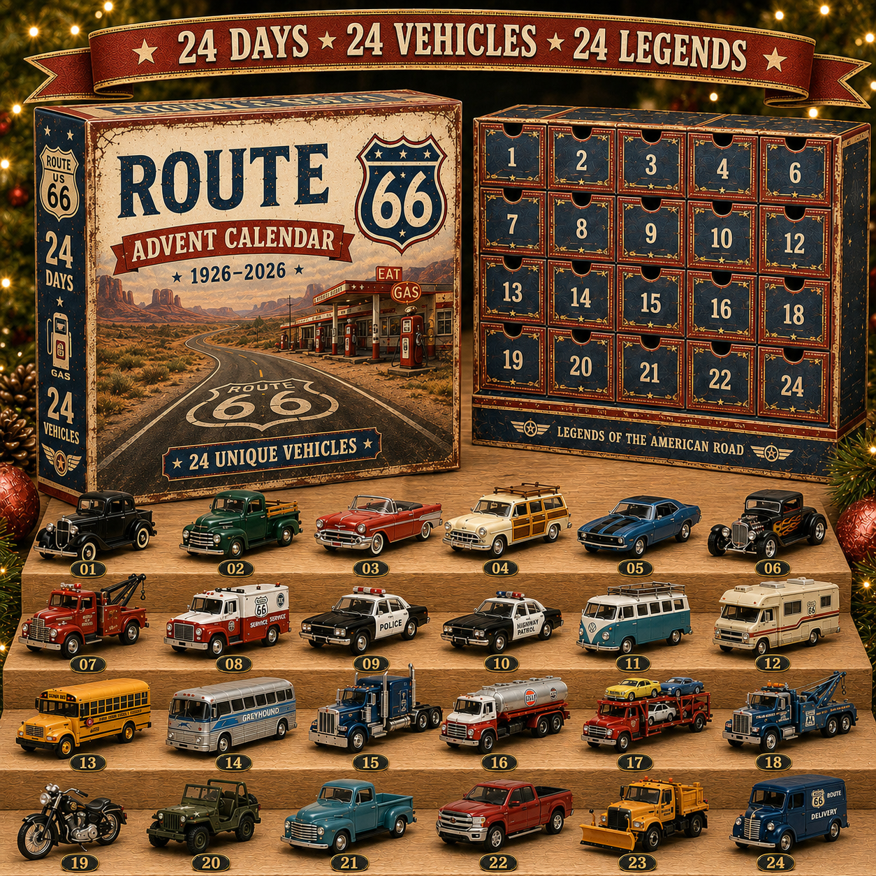 🚗Route 66 Centennial Advent Calendar – 24 Days of American Road Legends | 1926–2026 Collector’s Edition