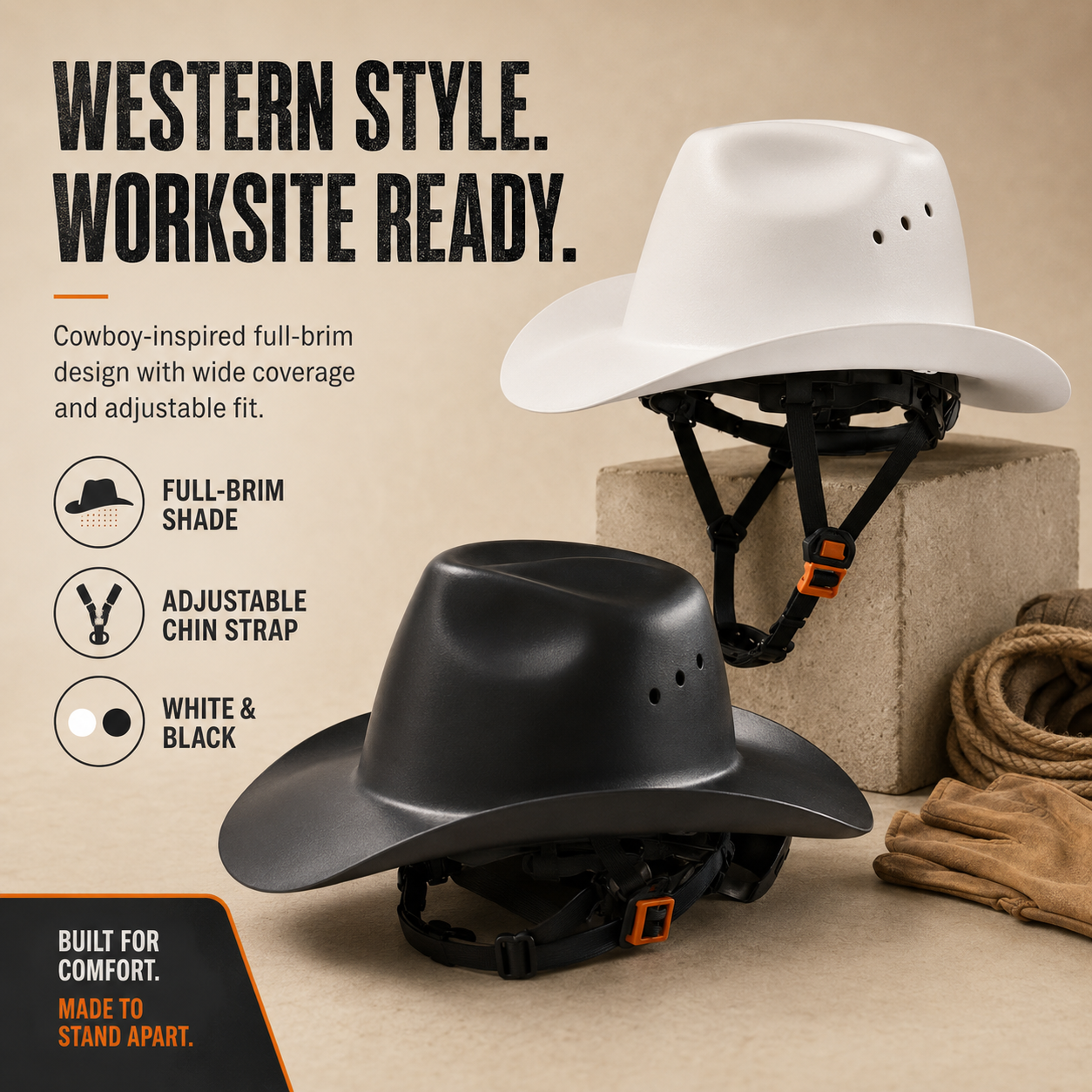 Cowboy-Style Full-Brim Hard Hat 🤠 | White & Black