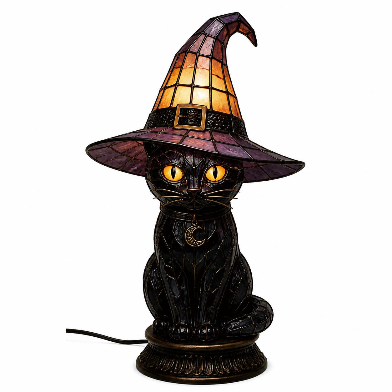 🔥Exclusive Limited Item 👍 🐈 Gothic Stained Glass Witch Black Cat Table Lamp | Halloween Witch Hat Night Light Decor