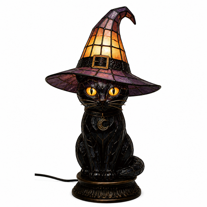 🔥Exclusive Limited Item 👍 🐈 Gothic Stained Glass Witch Black Cat Table Lamp | Halloween Witch Hat Night Light Decor