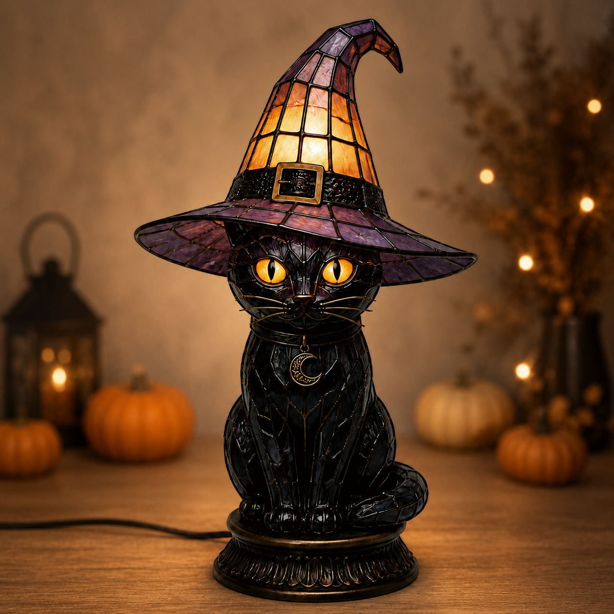 🔥Exclusive Limited Item 👍 🐈 Gothic Stained Glass Witch Black Cat Table Lamp | Halloween Witch Hat Night Light Decor