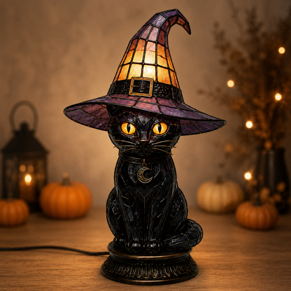 🔥Exclusive Limited Item 👍 🐈 Gothic Stained Glass Witch Black Cat Table Lamp | Halloween Witch Hat Night Light Decor