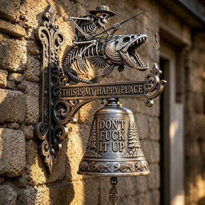 🎣 Metal Skeleton Fisherman Wall Bell – “This Is My Happy Place” Outdoor Decor