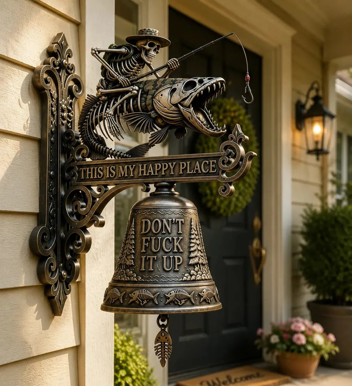 🎣 Metal Skeleton Fisherman Wall Bell – “This Is My Happy Place” Outdoor Decor