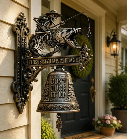 🎣 Metal Skeleton Fisherman Wall Bell – “This Is My Happy Place” Outdoor Decor