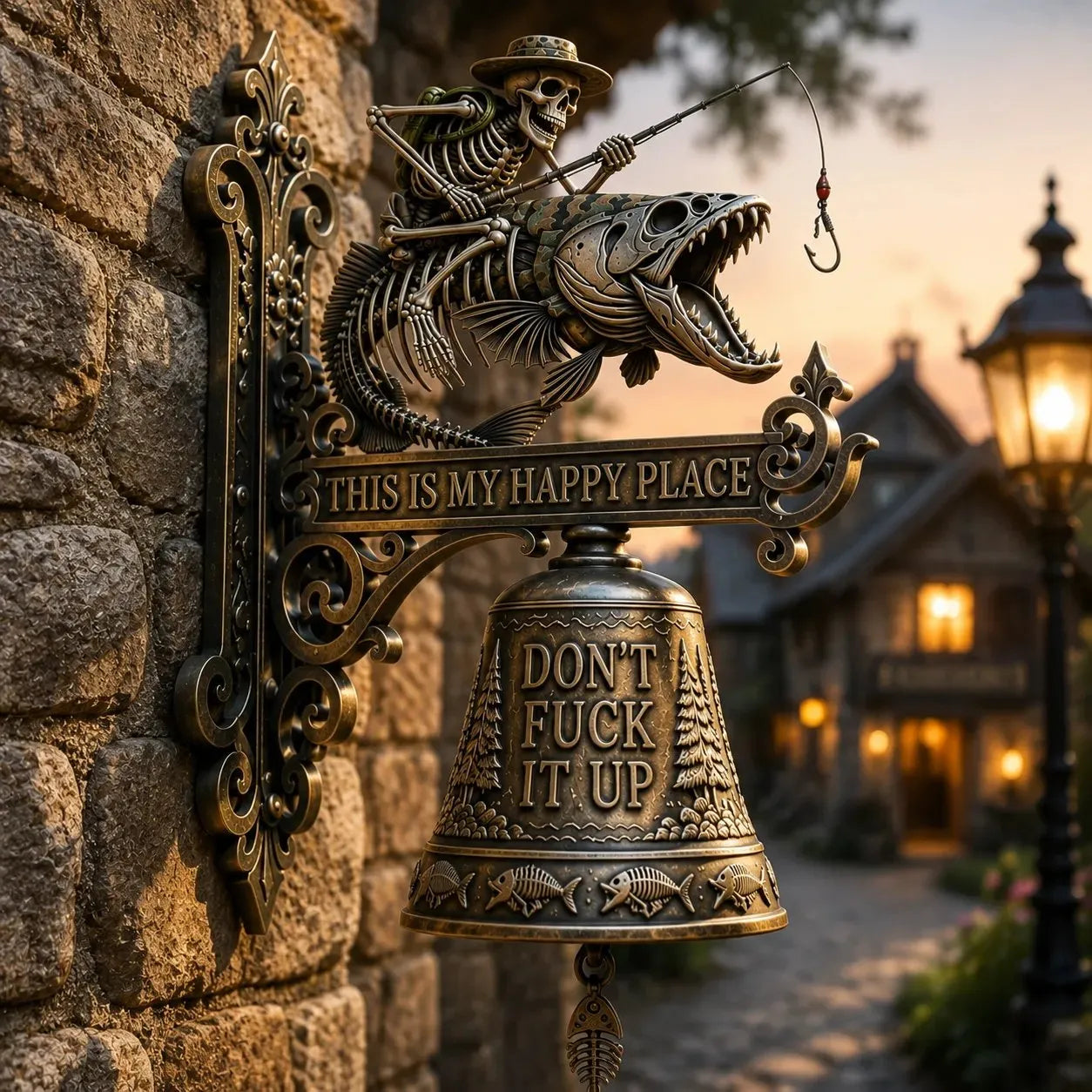 🎣 Metal Skeleton Fisherman Wall Bell – “This Is My Happy Place” Outdoor Decor