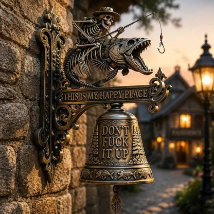 🎣 Metal Skeleton Fisherman Wall Bell – “This Is My Happy Place” Outdoor Decor