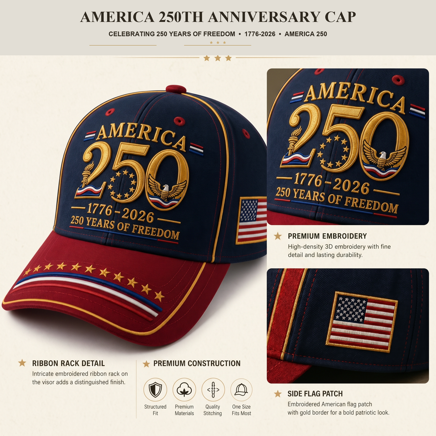 🔥 Father’s Day Sale - ❤️ America 250th Anniversary Freedom Embroidered Baseball Cap
