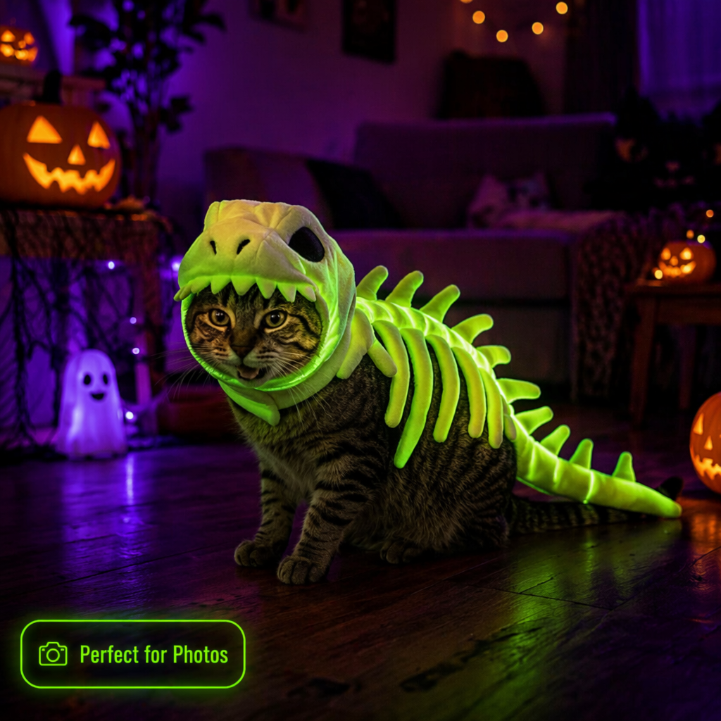 🦖FLASH SALE: GLOW-IN-THE-DARK DINO PET COSTUME — JUST $49.99!🦖