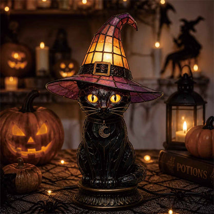 🔥Exclusive Limited Item 👍 🐈 Gothic Stained Glass Witch Black Cat Table Lamp | Halloween Witch Hat Night Light Decor