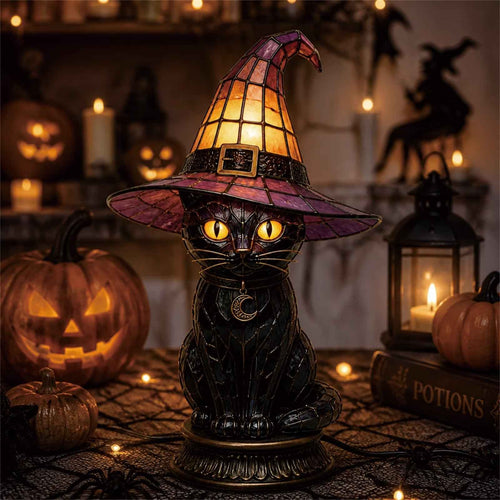 🔥Exclusive Limited Item 👍 🐈 Gothic Stained Glass Witch Black Cat Table Lamp | Halloween Witch Hat Night Light Decor