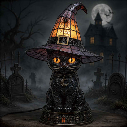 🔥Exclusive Limited Item 👍 🐈 Gothic Stained Glass Witch Black Cat Table Lamp | Halloween Witch Hat Night Light Decor