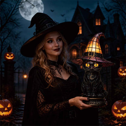 🔥Exclusive Limited Item 👍 🐈 Gothic Stained Glass Witch Black Cat Table Lamp | Halloween Witch Hat Night Light Decor