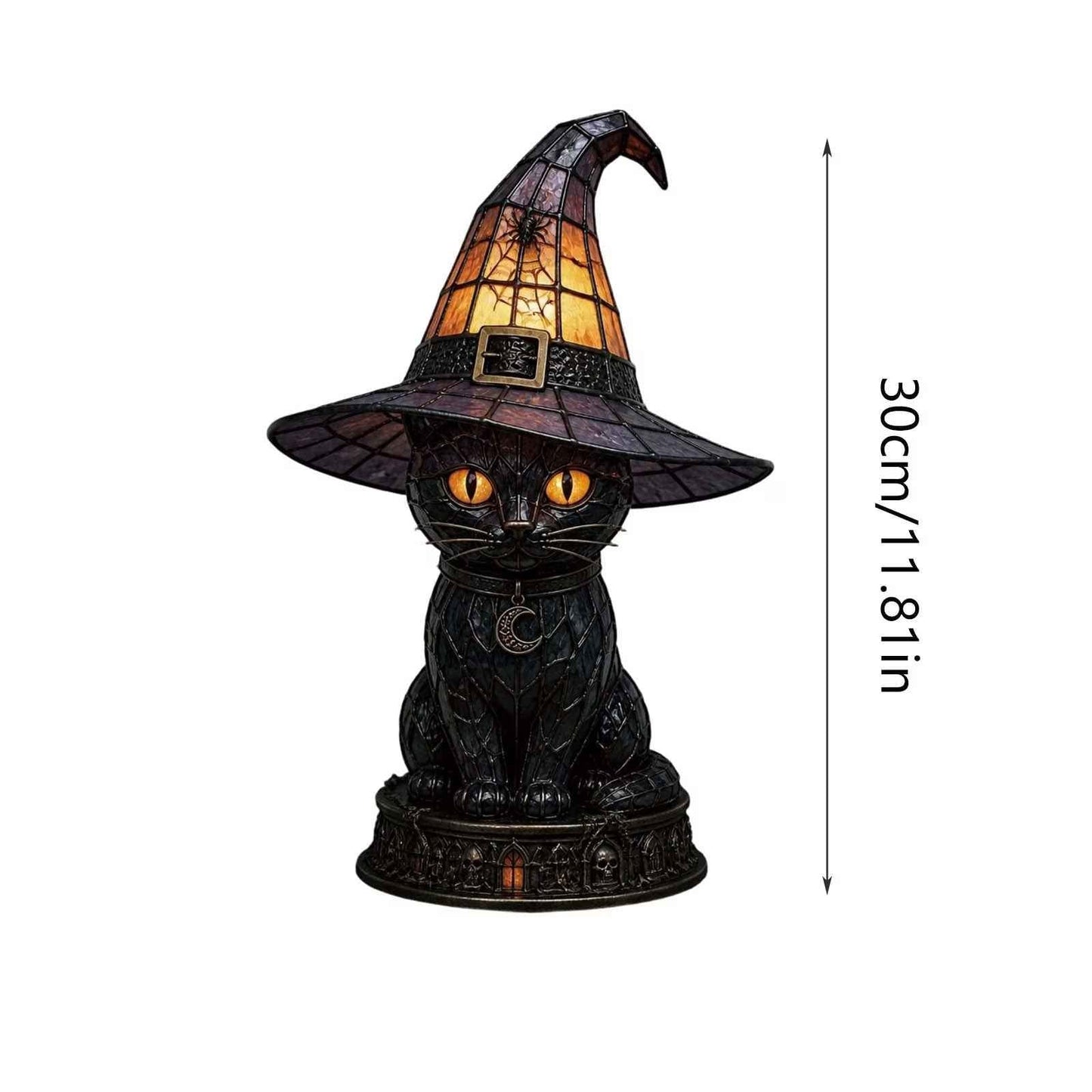 🔥Exclusive Limited Item 👍 🐈 Gothic Stained Glass Witch Black Cat Table Lamp | Halloween Witch Hat Night Light Decor