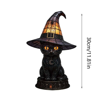 🔥Exclusive Limited Item 👍 🐈 Gothic Stained Glass Witch Black Cat Table Lamp | Halloween Witch Hat Night Light Decor