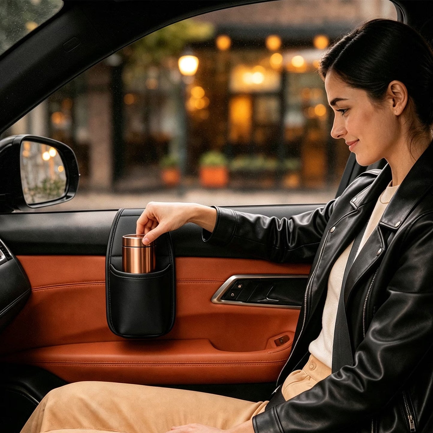 Large PU Leather Car Door Cup Holder & Storage Pocket