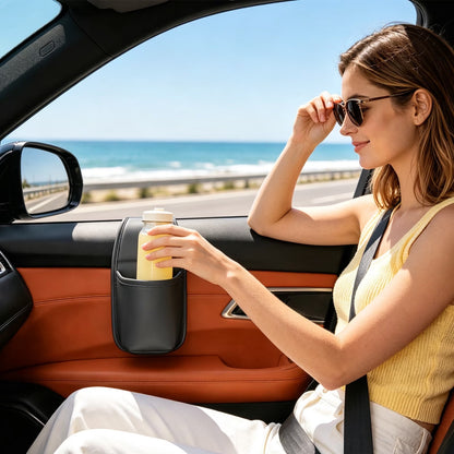 Large PU Leather Car Door Cup Holder & Storage Pocket