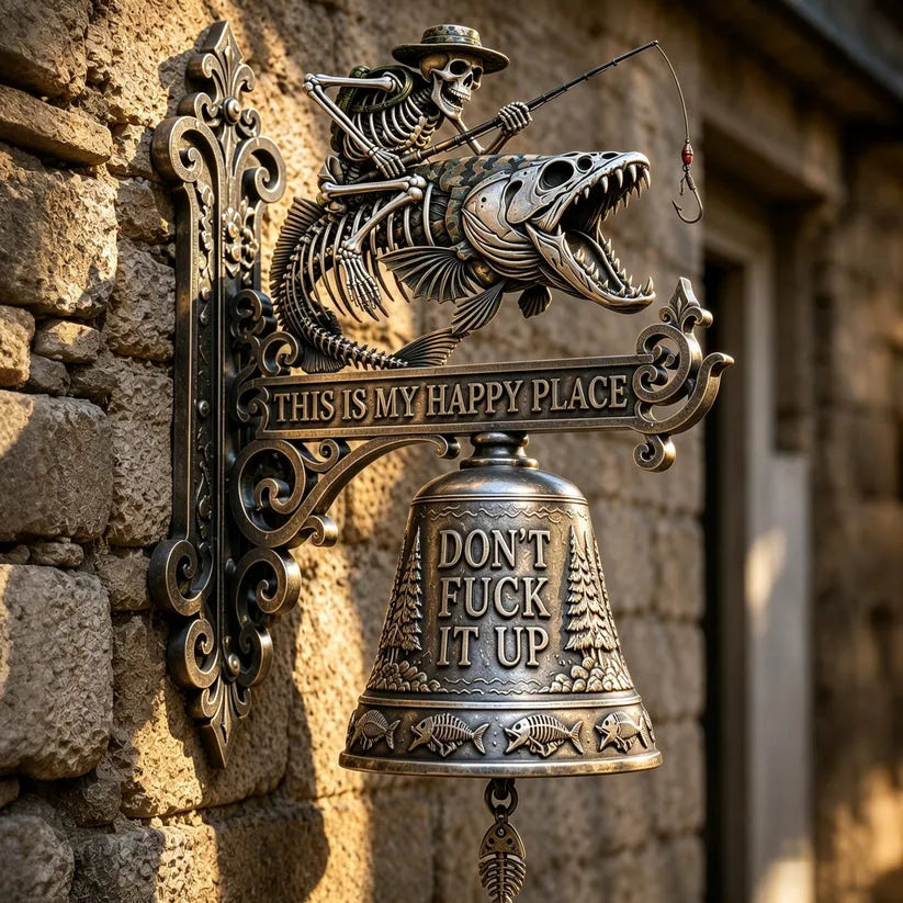 🎣 Metal Skeleton Fisherman Wall Bell – “This Is My Happy Place” Outdoor Decor