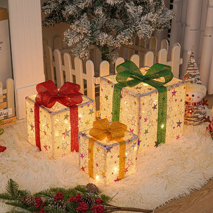 🔥Christmas Sale🎁3pc Festive Christmas Ornaments Set with Gift Box - 8 Modes, Remote Control, Warm Light LED, Ribbon Accents, DIY Assembly