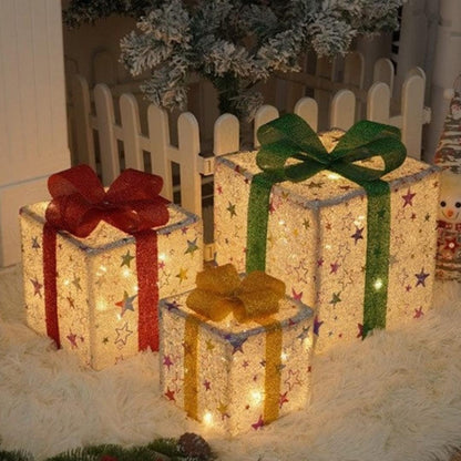🔥Christmas Sale🎁3pc Festive Christmas Ornaments Set with Gift Box - 8 Modes, Remote Control, Warm Light LED, Ribbon Accents, DIY Assembly