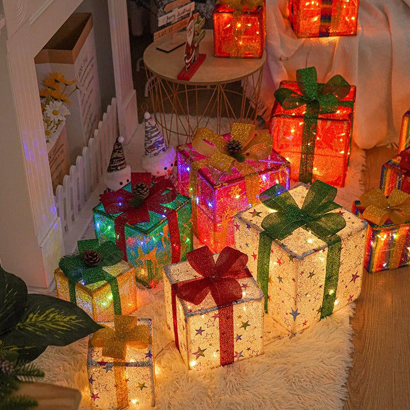 🔥Christmas Sale🎁3pc Festive Christmas Ornaments Set with Gift Box - 8 Modes, Remote Control, Warm Light LED, Ribbon Accents, DIY Assembly