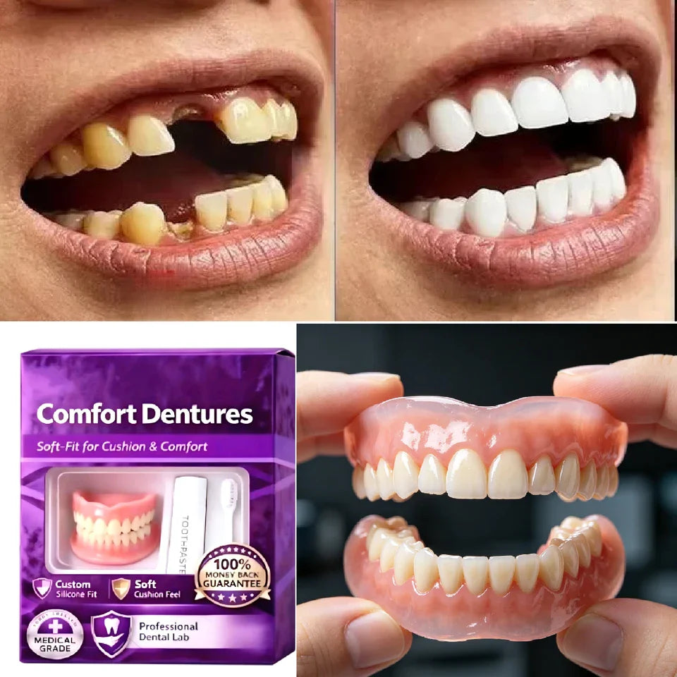 Full Set Natural Dentures Upper & Lower Silicone Fake Teeth Braces Comfort Fit Instant Confidence Smile Oral Care For Men Women