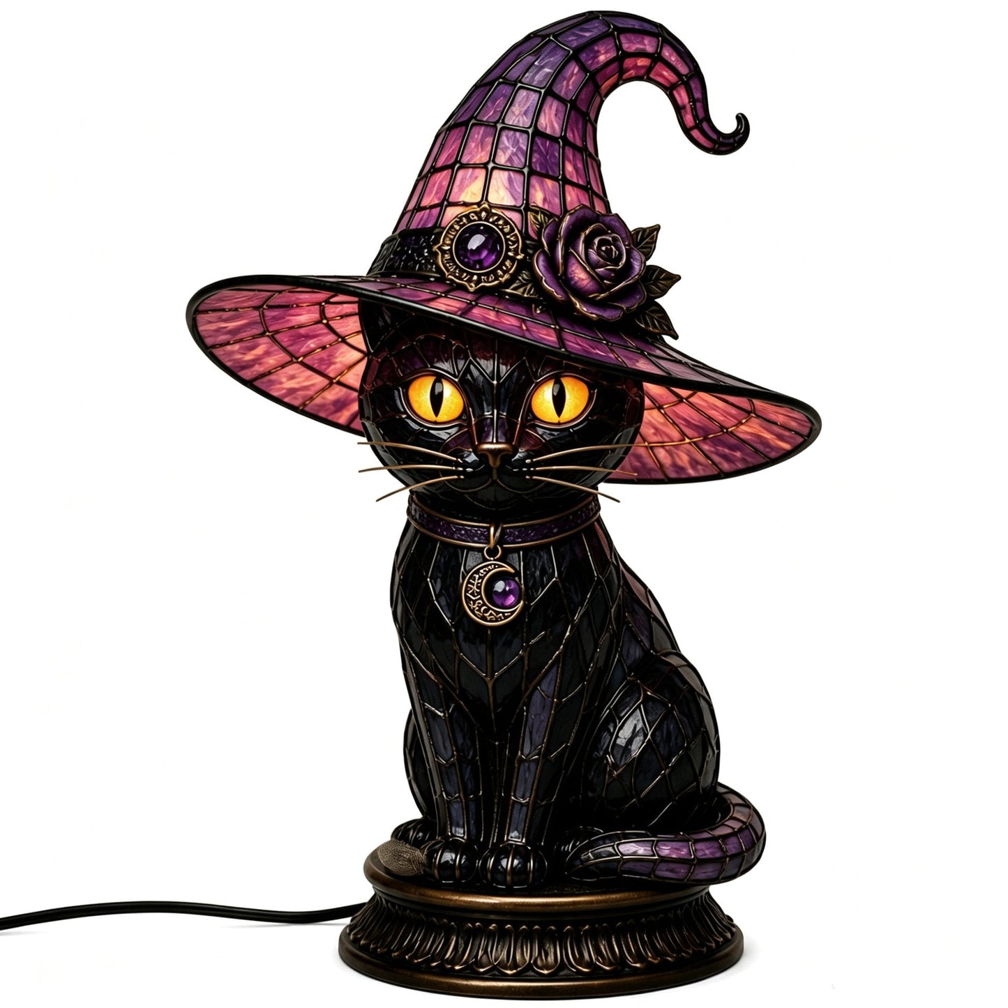 🔥Exclusive Limited Item 👍 🐈 Gothic Stained Glass Witch Black Cat Table Lamp | Halloween Witch Hat Night Light Decor