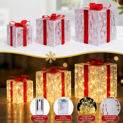 🔥Christmas Sale🎁3pc Festive Christmas Ornaments Set with Gift Box - 8 Modes, Remote Control, Warm Light LED, Ribbon Accents, DIY Assembly