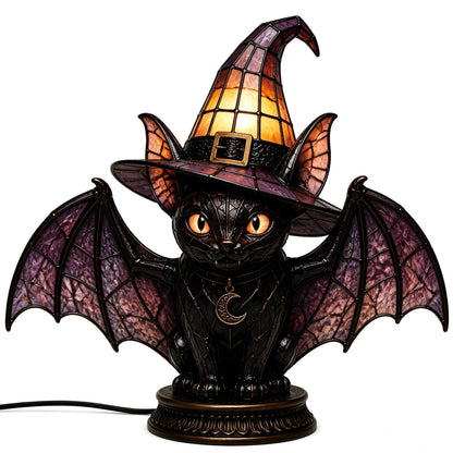🔥Exclusive Limited Item 👍 🐈 Gothic Stained Glass Witch Black Cat Table Lamp | Halloween Witch Hat Night Light Decor