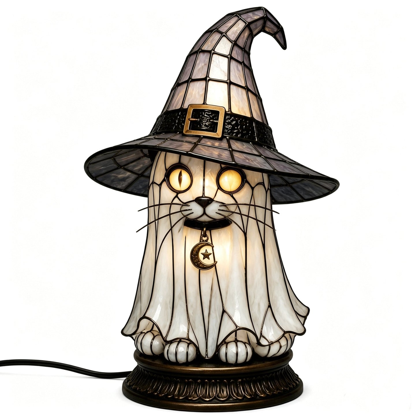 🔥Exclusive Limited Item 👍 🐈 Gothic Stained Glass Witch Black Cat Table Lamp | Halloween Witch Hat Night Light Decor
