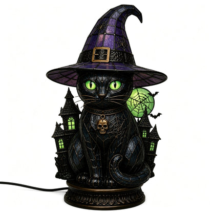 🔥Exclusive Limited Item 👍 🐈 Gothic Stained Glass Witch Black Cat Table Lamp | Halloween Witch Hat Night Light Decor