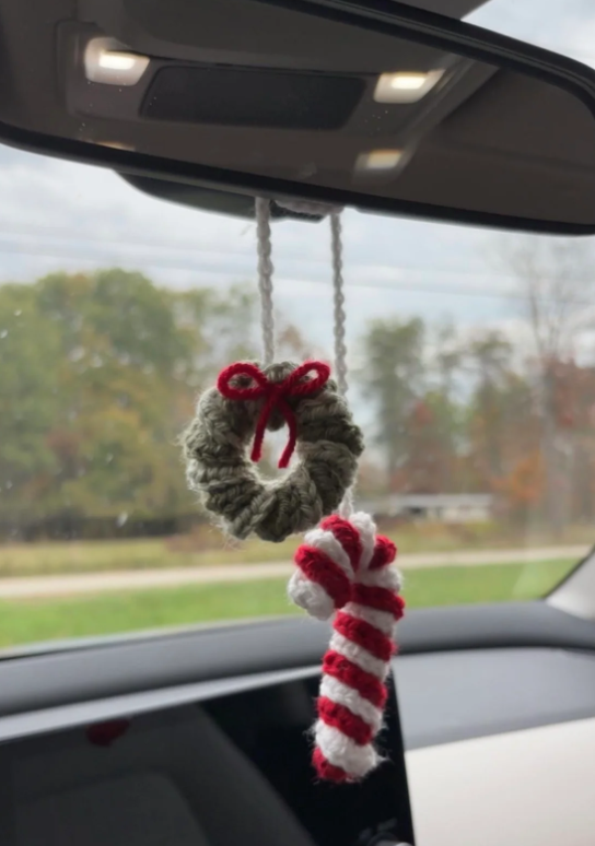 Candy Cane and Wreath Crochet Car Charm