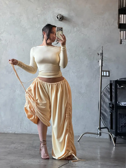 2026 New European and American Style Lazy High Waist Casual Pants, Loose Wide Leg Trousers with Drawstring, Spring & Fall Fashion