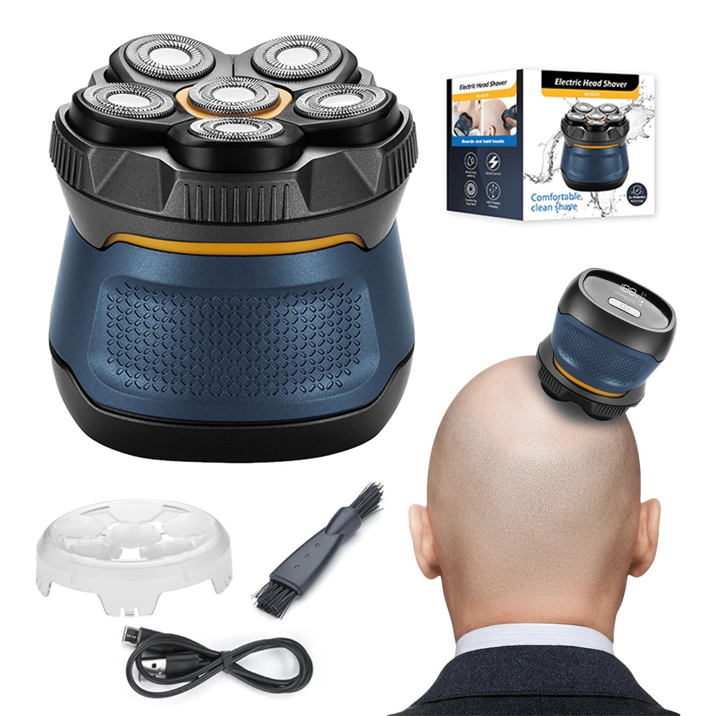 Cordless Electric Head Shaver, 6 Dual-Track Rotary Blades, Waterproof Wet & Dry Use