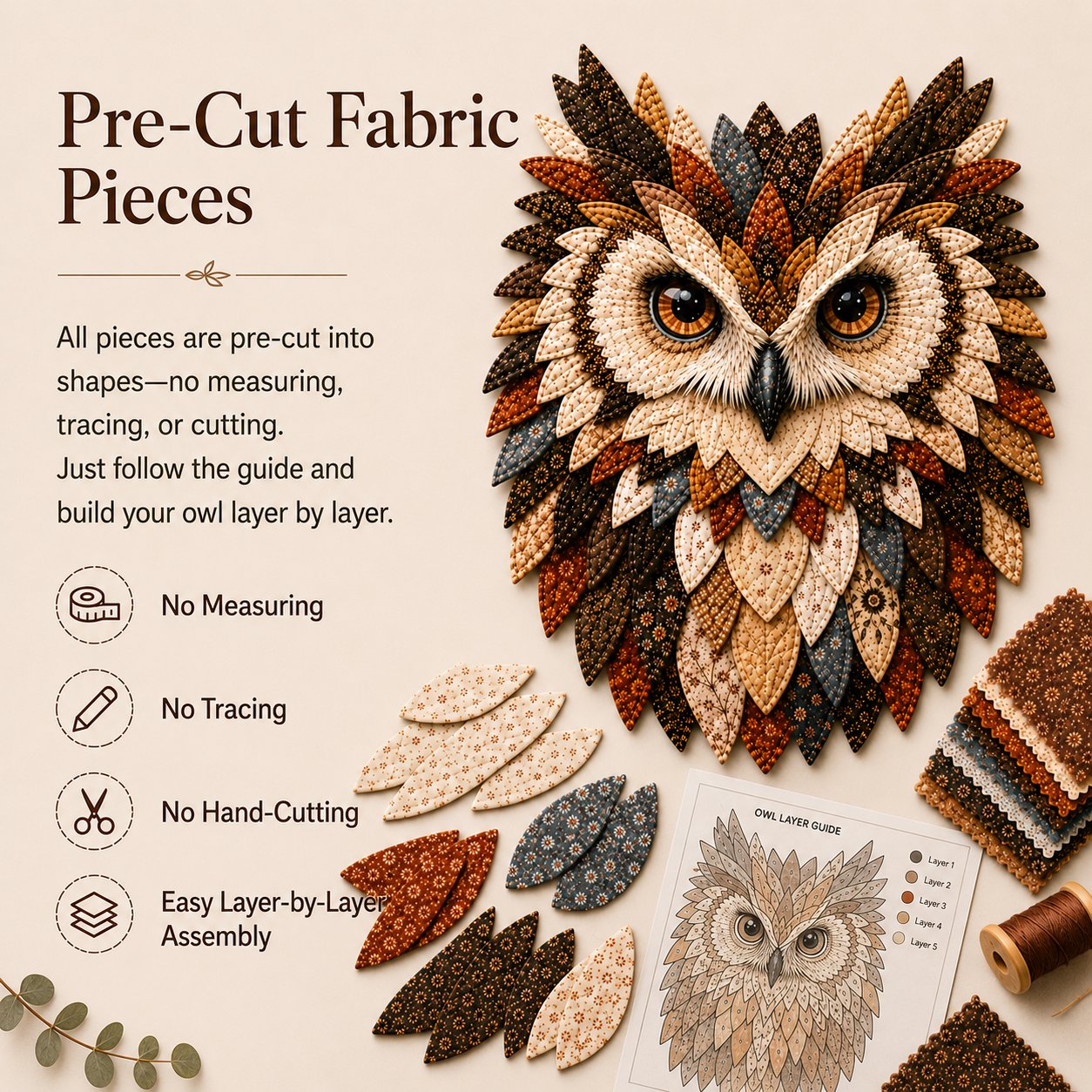 🦉 Layered Fabric Owl Wall Art DIY Kit – Relaxing Craft, Beautiful Results