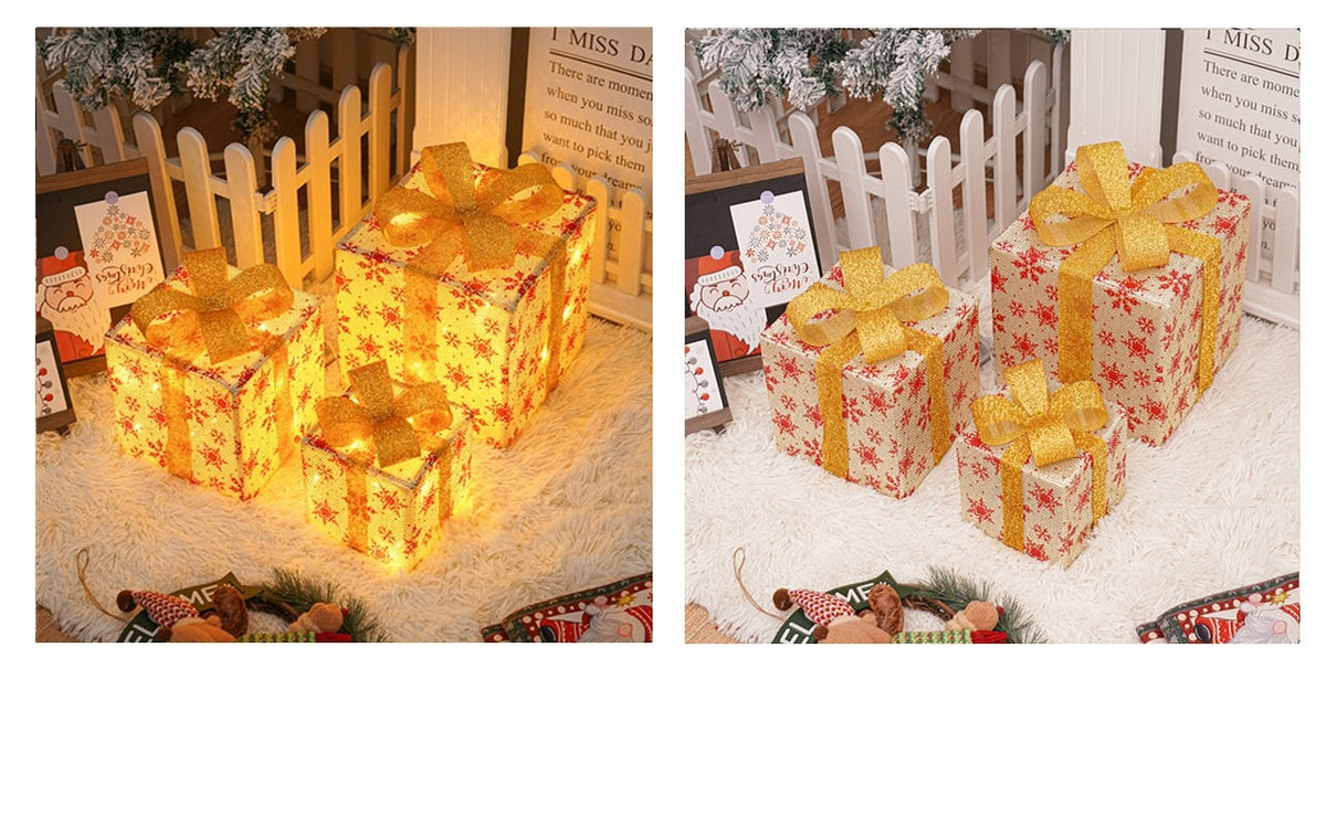 🔥Christmas Sale🎁3pc Festive Christmas Ornaments Set with Gift Box - 8 Modes, Remote Control, Warm Light LED, Ribbon Accents, DIY Assembly