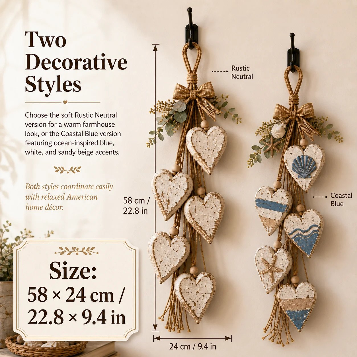 Rustic Hanging Heart Wall Decor with Optional Warm Lights