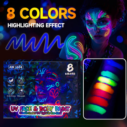 🌈UV Glow Face Paint Markers — 8-Piece Neon Set for Blacklight Parties