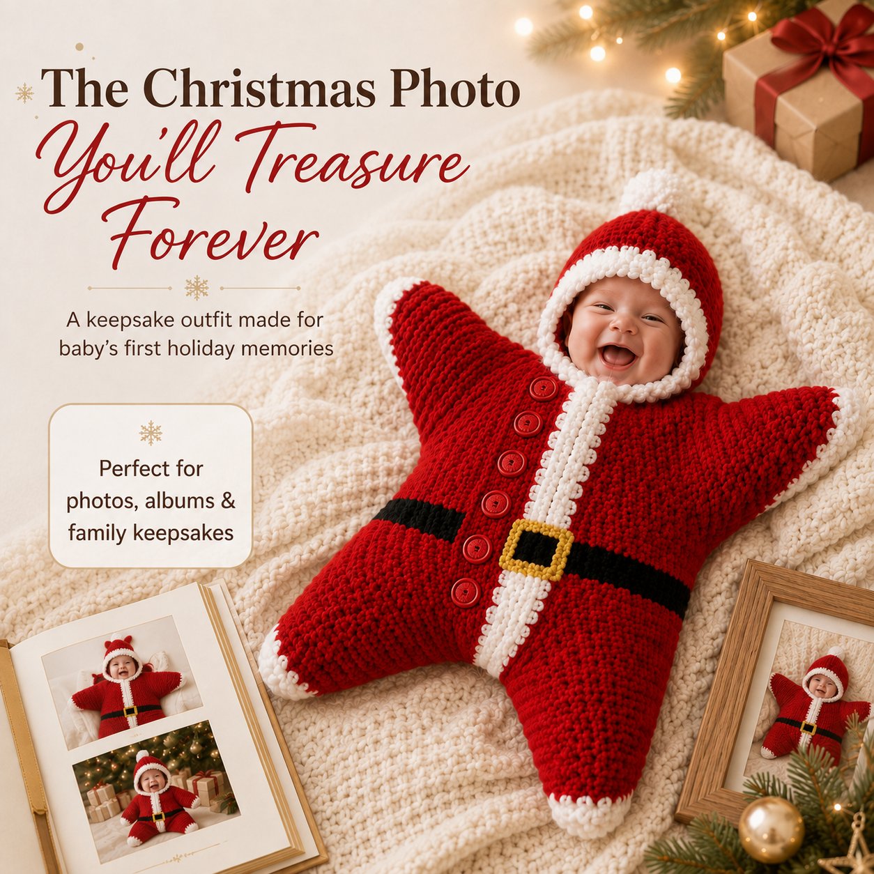 🎅 Baby’s First Christmas Keepsake Star Outfit | One Size Fits Most Babies, Soft Knitted Santa Cocoon with Front Button Opening for Holiday Photos ✨