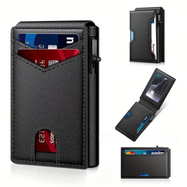 ⚡Wallet for Men - with Pop Up Aluminum Case Slim Leather Slots Credit Card Holder RFID Blocking Bifold Minimalist Wallet