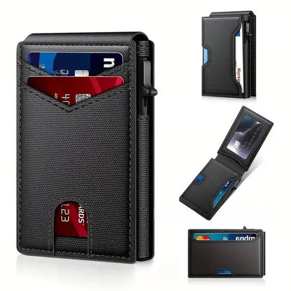 ⚡Wallet for Men - with Pop Up Aluminum Case Slim Leather Slots Credit Card Holder RFID Blocking Bifold Minimalist Wallet