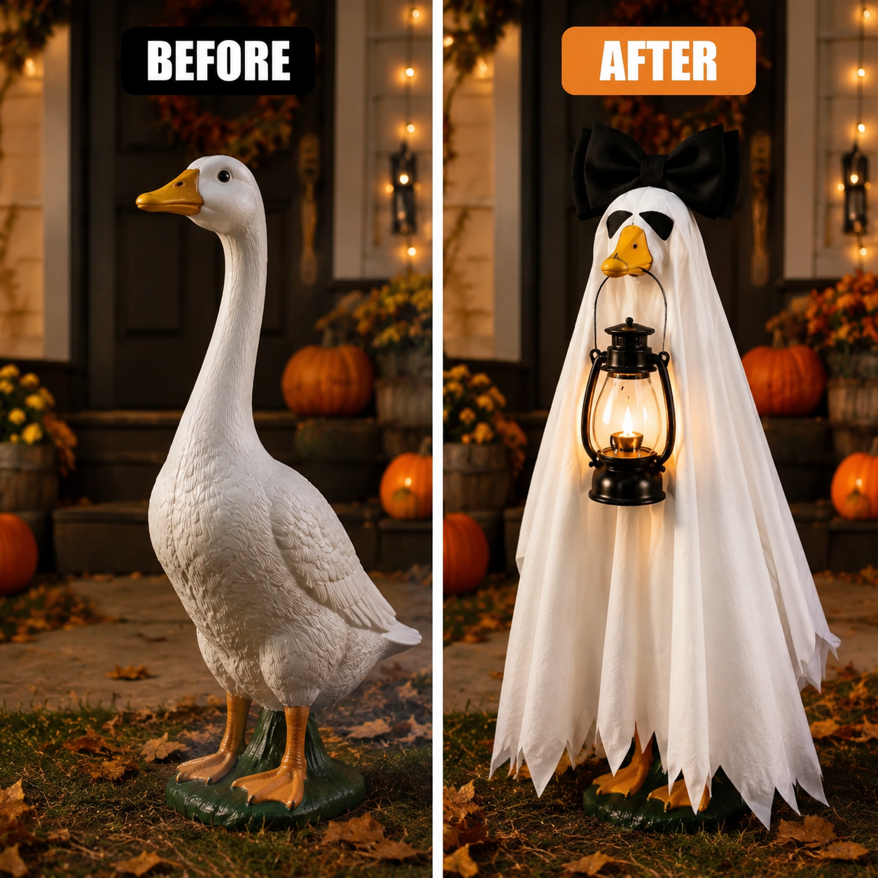 👻 Lantern Ghost Goose Outfit™ – Halloween Porch Goose Costume With Pumpkin Lantern For 23" Lawn Goose
